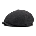 Classic herringbone newsboy cap in black and gray tweed with brown leather side buckle - Adjustable / Dark Gray