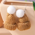 Handcrafted knit beanie earrings with brown yarn and white pompom on silver hooks - Brown