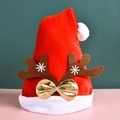 Bonnet de Noël rouge avec bois de renne marron, flocons blancs et nœud doré décoratif - Chapeau Bois Épais Enfant-Café