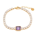 Detailed close-up of golden stainless steel bracelet with purple rectangular crystal - Gold Purple Zirconia