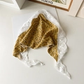 Detail of yellow floral triangle headscarf with white lace trim on white background - Small Floral Lace / Yellow