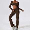 Women's chocolate brown yoga set with square neck crop top and flared leggings - S / Long Sleeve + Flare Pants / Coffee