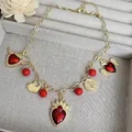18k gold plated necklace with red winged heart, LOVE charm and faux pearls - Gold Chain Multi-Heart Coin Necklace / Gold Red
