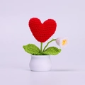 Handmade crochet potted plant with a red heart flower and lily of the valley in white pot - Heart & Small Flower Style