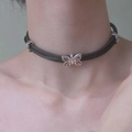 Maillard style tiger eye stone choker with butterfly pendant and black braided leather cord - Antique Silver Butterfly Leather Choker Style (A-796)