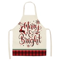 Beige Christmas apron with Merry & Bright reindeer print and red plaid hem - A19-Beige Merry & Bright
