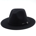 Detail of black wool fedora with leather band and exquisite silver metal rose ornament - M (56-58cm) / Black
