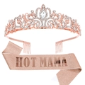 Rose gold Hot Mama sash and crystal rhinestone crown tiara set for Mother's Day party - Rose Gold