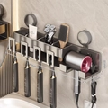 Gunmetal grey suction toothbrush holder with hair dryer rack and wall-mounted shelf - 4-Person Style