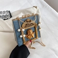 Vintage blue velvet handbag with golden angel relief and luxury pearl chain strap - Angel Blue