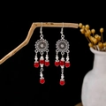 Bohemian silver drop earrings with red beads and white pearls on rustic wood - Silver + Red White Beads + Flower Tassel (E5808-1/Red)