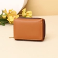 Short brown three-fold wallet for women in synthetic leather with golden ring zipper - Brown