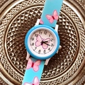Detail of blue children's watch featuring pink butterfly patterns on a vintage tray - Sky Blue
