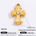 Gold-plated stainless steel cross pendant with rhinestone inlay and Virgin Mary detail - Gold Stainless Steel Center Inlaid Single Diamond Cross Pendant (PJ91421)