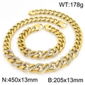Set de joyería de cadena cubana dorada de 13mm con diamantes en fondo blanco - Pulsera / Dorado
