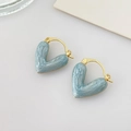 Elegant V-shaped gold plated heart earrings with light blue marble texture finish - Blue (Real Gold Plated)