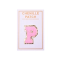 Close-up of pink chenille letter P patch with gold sequins and self-adhesive backing - Letter P