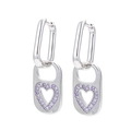 Silver heart lock earrings with purple zircon crystals in a geometric rectangle design - Platinum-Purple