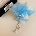 Elegant gold hair pin featuring a blue and white chiffon flower with pearl tassels - Hair Stick / Blue