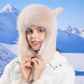 Gorro de aviador beige de piel sintética con orejas lindas y forro cálido - Beige