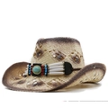 Cappello da cowboy in paglia stile western con perline turchesi e trama traforata - Beige Caffè