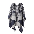 Blue and grey houndstooth knitted poncho shawl for women with elegant striped edges - Houndstooth Border-Navy Blue