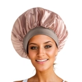 Champagne silk satin sleep bonnet with grey elastic wide band for hair protection - Rose Gold