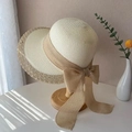 Cappello di paglia crema da donna con fiocco in seta kaki, elegante stile estivo - Cappello di paglia patchwork - Bianco