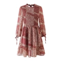Abito boho con stampa paisley, maniche lunghe, vita arricciata e collo alto arricciato - S / Rosso Floreale
