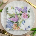 Single-sided floral print paper napkin with purple lilac and pink roses in a ceramic plate - Lilac Rose Yellow Flower (1039)