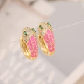 Close-up of snake hoop earrings with pink enamel, green gemstone eyes and micro zircon pavé - Rose Red