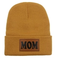 Bonnet en tricot jaune moutarde pour femme avec écusson MOM en cuir marron - Adulte Élastique / Khaki (MOM)