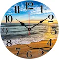 Minimalist round wooden wall clock featuring a panoramic sunset beach and sea landscape - Wild Wolf Beach
