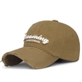 Distressed khaki golf cap with white 3D embroidery and stylish torn fabric accents - Light Coffee