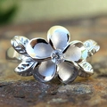 French vintage plumeria flower ring with zircon center on natural stone background - US 10 / White Gold (Single Flower Style)