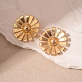 Detailed close-up of 3D gold sunflower earrings with a polished metallic finish - Gold Sun Flower Stud Earrings (Stainless Steel Earring Post)