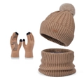 Conjunto de invierno de punto caqui con gorro de pompón, guantes táctiles y braga - Set de 3 piezas / Caqui