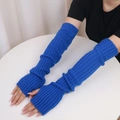50cm long knitted arm warmers for women in vibrant blue ribbed knit wool material - One Size / Sapphire Blue