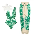 Green floral deep V-neck swimsuit with cutout waist and matching sarong beach set - Green One-Piece Swimsuit Set