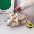 Beige Strohhandtasche mit khakifarbenem PU-Lederbesatz und Seidenschal mit Herzmuster - Khaki