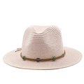 Behemian wide-brim straw sun hat with ethnic beaded band for summer beach vacation - Pink