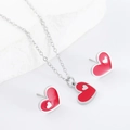 Set gioielli vintage francese con collana e orecchini a cuore in smalto rosso - Tono Argento Rosso