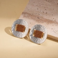 Detail of silver hammered metal stud earrings with dark brown leather wrap on stone - Handmade Ethnic Hammered Leather Hollow Round Style (2#)