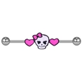 Detail of silver stainless steel industrial barbell featuring a skull and pink hearts - Silver Skull Pink Heart
