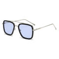 Classic square frame superhero sunglasses with blue lenses and metal double bridge design - Silver Frame / Transparent Blue Lens