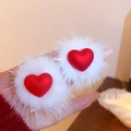 S925 silver needle red heart stud earrings with fluffy white faux fur trim pompom - Red Heart White Pom Pom Style (HE18847)