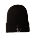 Black knitted beanie for women and men featuring white bone hand embroidery on cuff - M (56-58cm) / Black