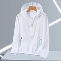 White hooded sun protection jacket with neon green zipper pull and breathable fabric - M / White