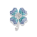 Silver four-leaf clover brooch with blue and white crystals for suits and coats - Clover - Blue