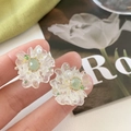 Elegant clear flower stud earrings with green center stone and pearl accents - Green Bead Transparent Flower (1533)